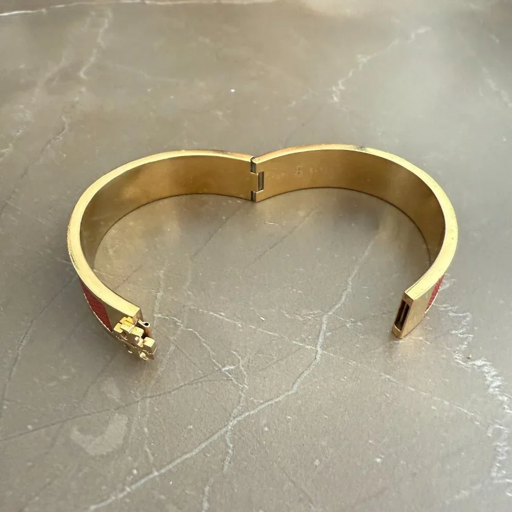 Tory Burch Leather Inlay Hinged Bangle Bracelet - Picture 4 of 10